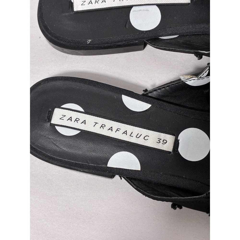 zara trafaluc Slip On Mule Polka Dot Textured Slides Sz 8 Black Square Toe Flats - Picture 4 of 6